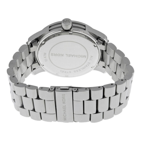 Michael Kors Runway watch caseback showing silver-tone stainless steel and Michael Kors branding