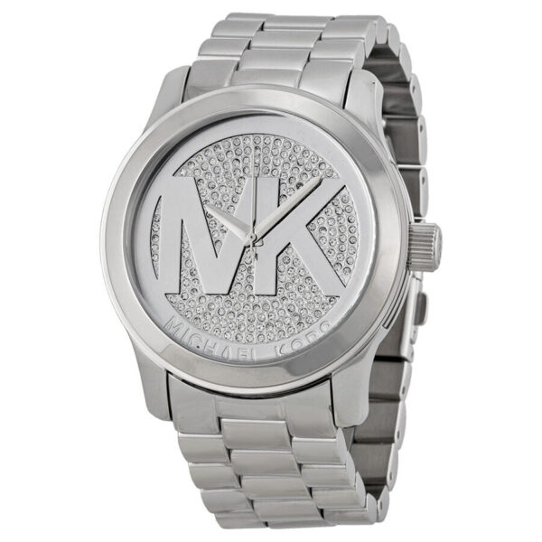 Michael Kors Runway silver-tone women's watch with crystal pave dial and MK logo