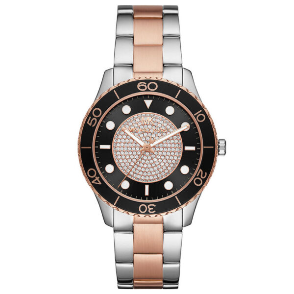 Michael Kors Runway MK6960 ladies watch with black dial, crystal accents, and two-tone bracelet