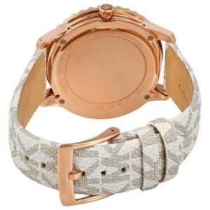 Michael Kors Runway MK6980 caseback showing rose gold-tone case with logo strap attachment and buckle