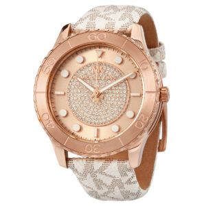 Michael Kors Runway MK6980 rose gold-tone oversized dive watch with pavé crystal dial on logo-printed strap