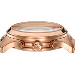 Michael Kors Runway MK7324 rose gold-tone case profile showing chronograph pushers and MK logo