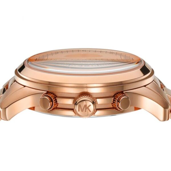 Michael Kors Runway MK7324 rose gold-tone case profile showing chronograph pushers and MK logo