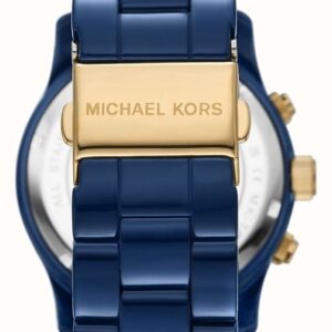 Michael Kors Runway MK7332 watch caseback view showing navy bracelet and gold-tone deployment clasp