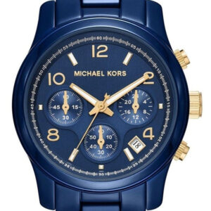 Michael Kors Runway MK7332 navy chronograph watch with gold-tone hands and numerals on navy bracelet