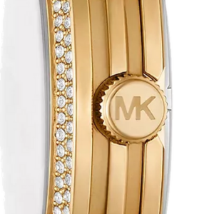 Michael Kors Runway MK7390 side profile showing crystal bezel and gold bracelet