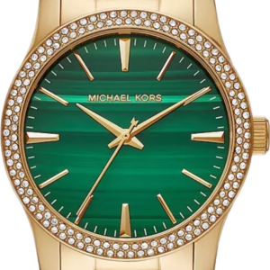 Michael Kors Runway MK7390 green dial watch with crystal-embellished bezel and gold bracelet