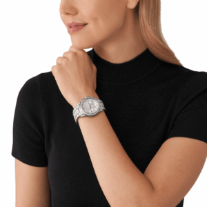 Michael Kors Runway MK7434 silver chronograph watch worn on wrist