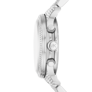 Side profile of Michael Kors Runway MK7434 chronograph watch showing case depth and crown