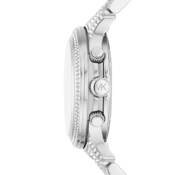 Side profile of Michael Kors Runway MK7434 chronograph watch showing case depth and crown