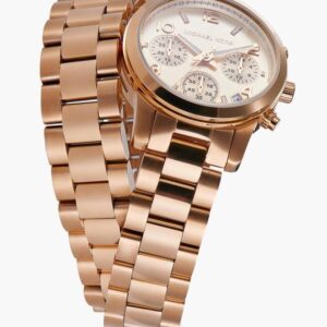 Michael Kors Runway MK7453 rose gold chronograph with dual bracelets at angle