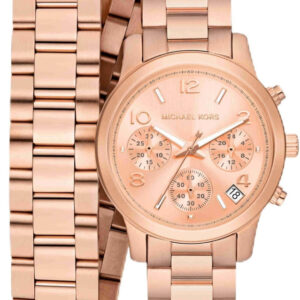 Michael Kors Runway rose gold chronograph watch with matching wrap bracelet