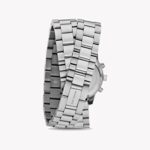Angled view of Michael Kors Runway chronograph watch with layered wrap bracelets