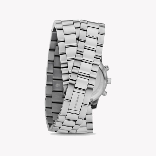 Angled view of Michael Kors Runway chronograph watch with layered wrap bracelets