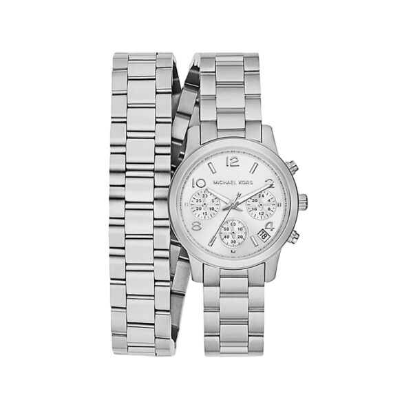 Michael Kors Runway Chronograph silver chronograph watch with dual wrap bracelets and white dial