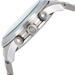 Side angle view of Michael Kors Runway chronograph watch showing silver-tone case and chronograph pushers