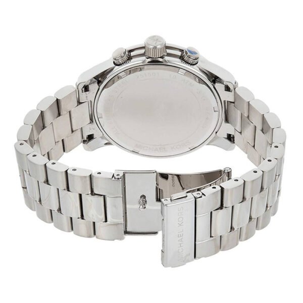 Back view of Michael Kors Runway chronograph watch showing stainless steel case back and bracelet