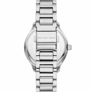 Back view of Michael Kors Sage watch with silver-tone metal bracelet and case back