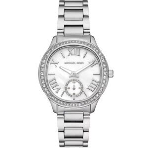 Michael Kors Sage silver-tone women's watch with white dial and crystal pavé bezel