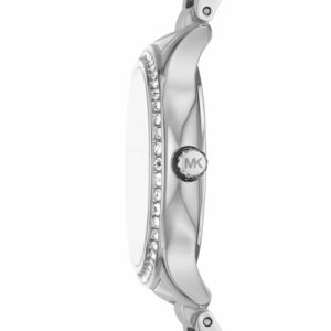 Side view of Michael Kors Sage watch showing crystal pavé bezel and slim profile