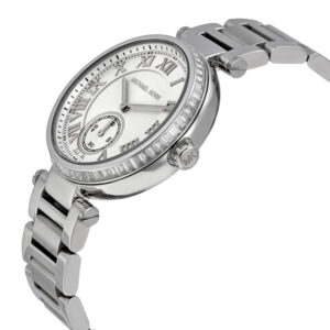 Michael Kors Skylar MK5866 silver watch at angle showing bezel and bracelet