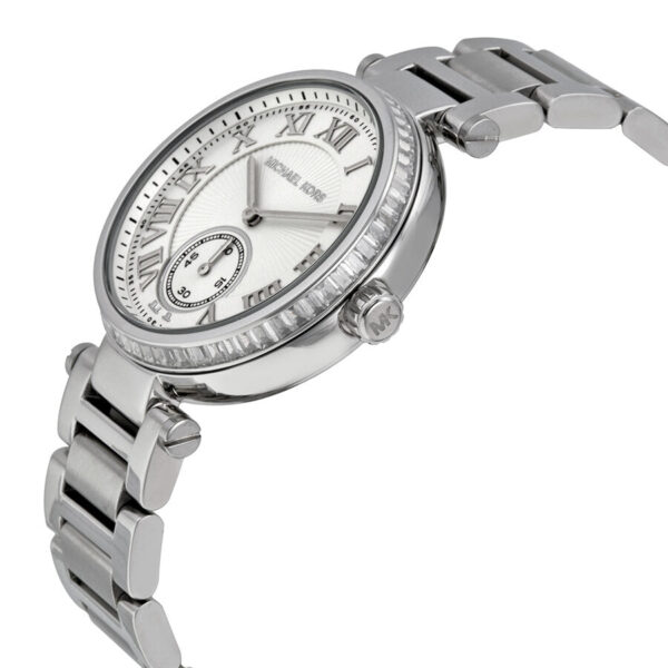 Michael Kors Skylar MK5866 silver watch at angle showing bezel and bracelet