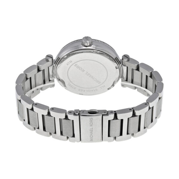 Michael Kors Skylar MK5866 caseback showing stainless steel link bracelet