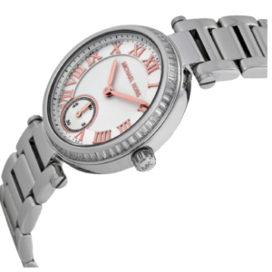Angled view of Michael Kors Skylar watch showing silver bracelet and dial detail with rose accents