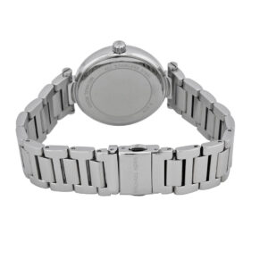 Back view of Michael Kors Skylar watch showing stainless steel caseback and bracelet