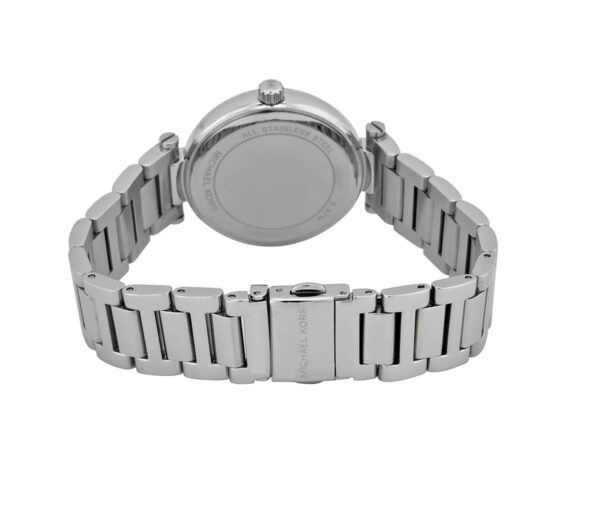 Back view of Michael Kors Skylar watch showing stainless steel caseback and bracelet