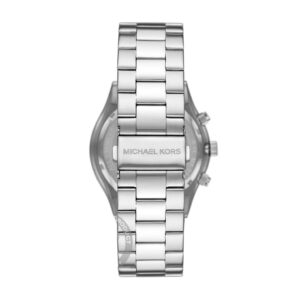 Caseback view of Michael Kors Slim Runway watch with silver-tone metal bracelet and engraved branding