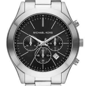 Michael Kors Slim Runway chronograph watch with silver-tone case and black dial displaying three subdials