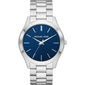 Michael Kors Slim Runway silver-tone men's watch with blue dial and stainless steel bracelet