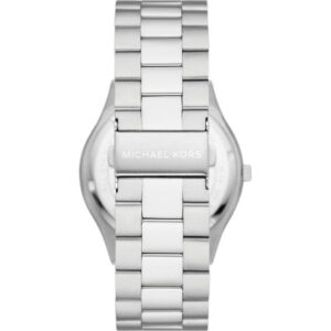 Michael Kors Slim Runway watch caseback showing silver-tone stainless steel bracelet and engraved case