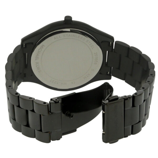 Case back of Michael Kors Slim Runway watch with stainless steel engraving