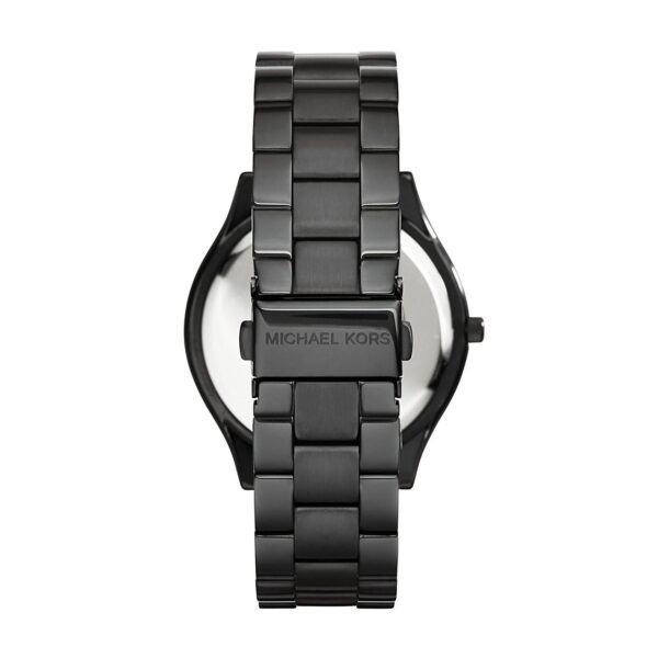 Michael Kors Slim Runway watch side profile showing black three-link metal bracelet