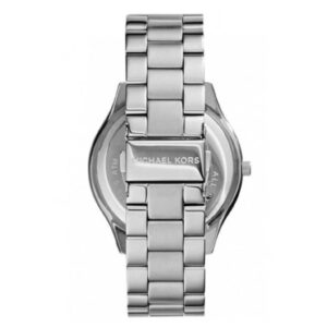 Caseback of Michael Kors Slim Runway watch with MK branding on silver stainless steel
