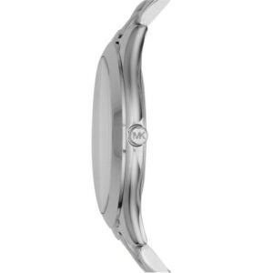 Side view of Michael Kors Slim Runway watch showing thin silver case profile