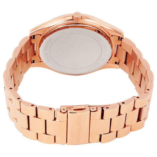 Michael Kors Slim Runway MK3591 caseback showing rose gold-tone stainless steel and bracelet