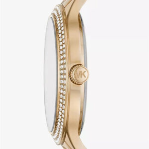 Michael Kors Slim Runway watch side view showing slim profile and gold-tone case with MK logo
