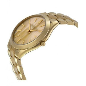Michael Kors Slim Runway watch angled side view showing gold-tone case and bracelet