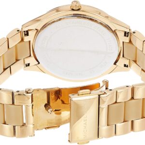 Michael Kors Slim Runway watch caseback showing gold-tone stainless steel bracelet
