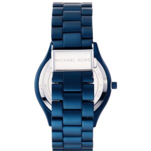 Michael Kors Slim Runway watch caseback showing blue metal link bracelet