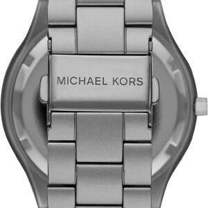 Caseback view of Michael Kors Slim Runway watch displaying stainless steel bracelet attachment