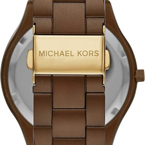 Michael Kors Slim Runway brown watch caseback with gold brand plate and link bracelet