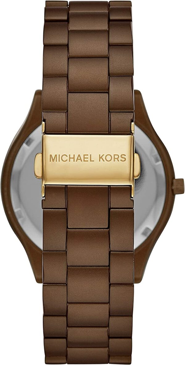 Michael Kors Slim Runway brown watch caseback with gold brand plate and link bracelet