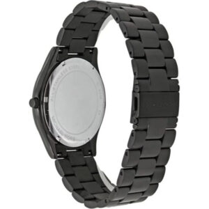 Caseback view of Michael Kors Slim Runway watch with stainless steel bracelet