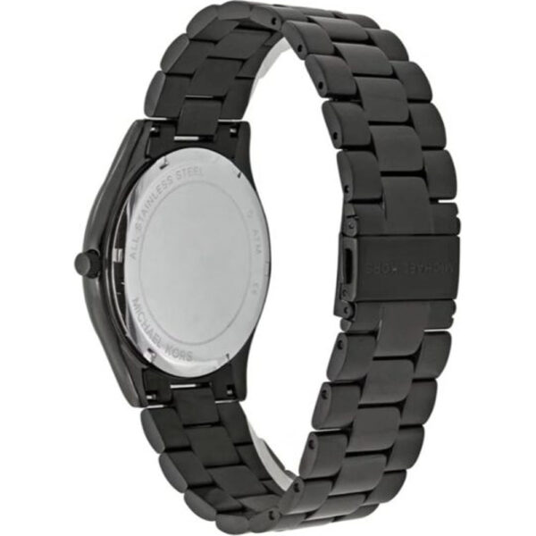 Caseback view of Michael Kors Slim Runway watch with stainless steel bracelet