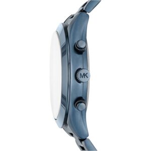 Side profile of Michael Kors Slim Runway MK8918 showing blue steel case and chronograph pushers