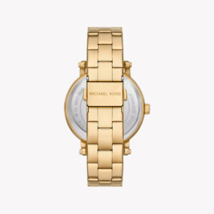 Caseback view of Michael Kors Slim Runway watch with gold bracelet attachment